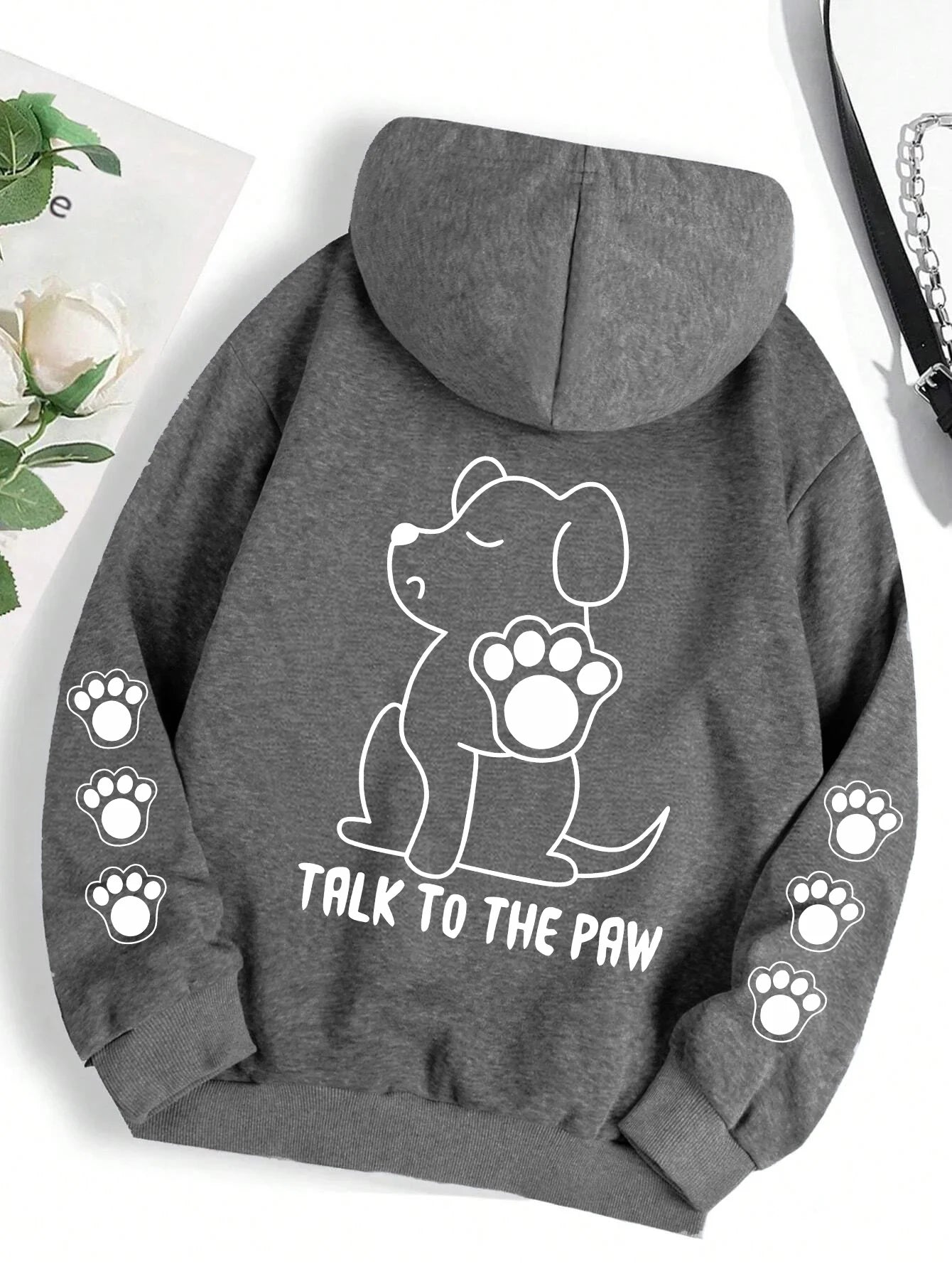 Sprechen Sie mit der Pfote, lustiger Hund, Cartoon-Druck, Kapuzenpullover, Damen, warm, Fleece, Kapuze, modisch, lässig, mit Kapuze, Herbst, lockerer Rundhalsausschnitt, Damenoberteile