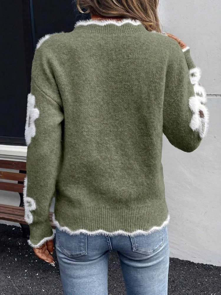 Women Floral Knit Sweater – Soft Warm V-Neck Pullover for Autumn & Winter