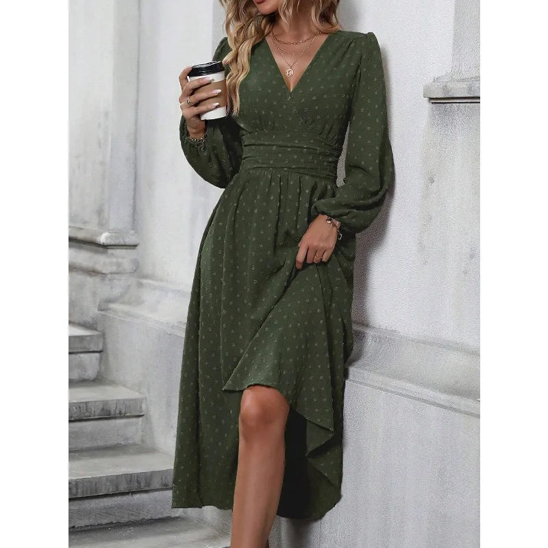Elegant Long Sleeve Midi Dress – V-Neck, Flowy Fit – Autumn & Winter Classic