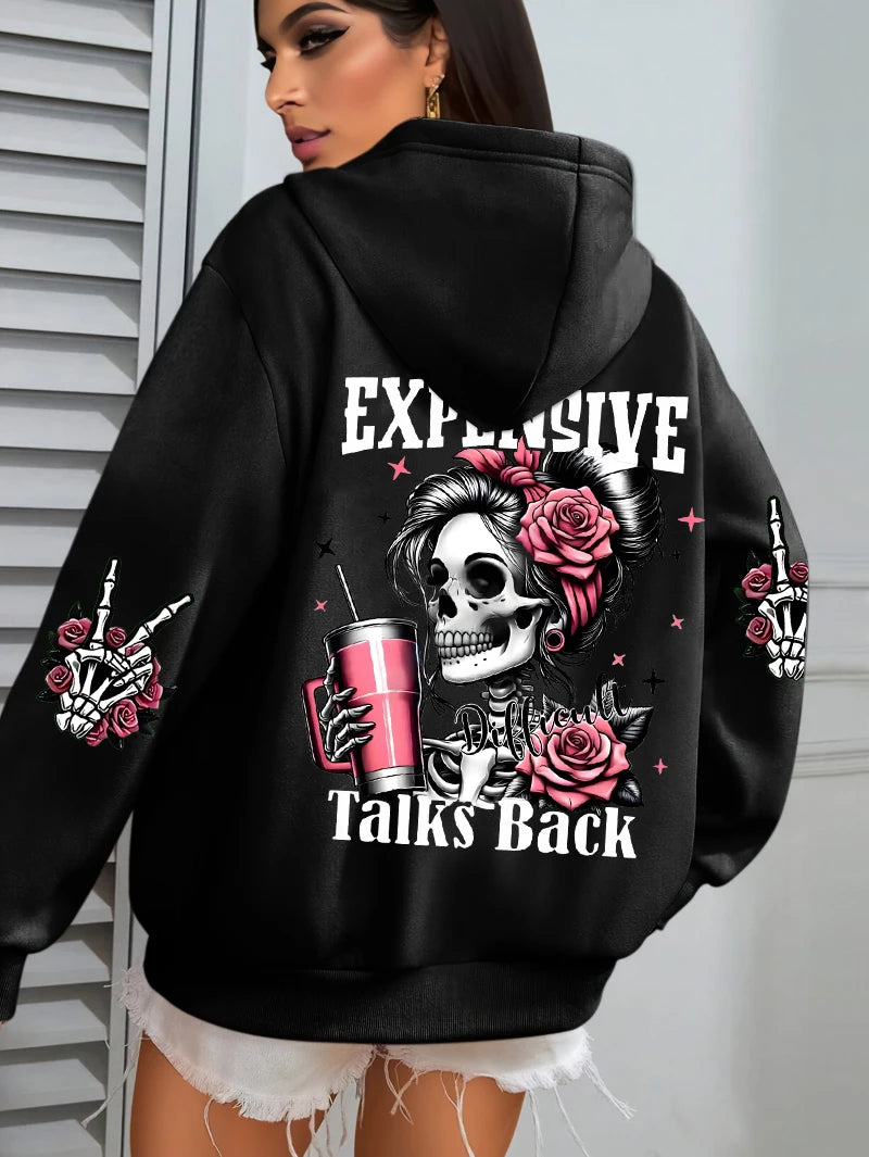 Teure Gespräche zurück Lustiger Druck Damen Hoodie Lose Mehrfarbige Pullover Fleece Herbst Sportbekleidung Lässiger Taschen-Hoodie