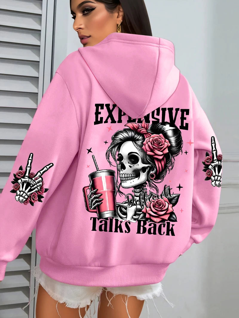 Teure Gespräche zurück Lustiger Druck Damen Hoodie Lose Mehrfarbige Pullover Fleece Herbst Sportbekleidung Lässiger Taschen-Hoodie