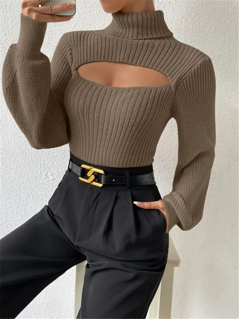 Women’s Sexy Cut-Out Knit Sweater – Elegant Winter Top