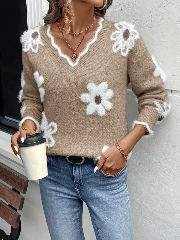 Women Floral Knit Sweater – Soft Warm V-Neck Pullover for Autumn & Winter
