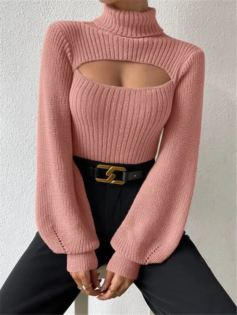 Women’s Sexy Cut-Out Knit Sweater – Elegant Winter Top