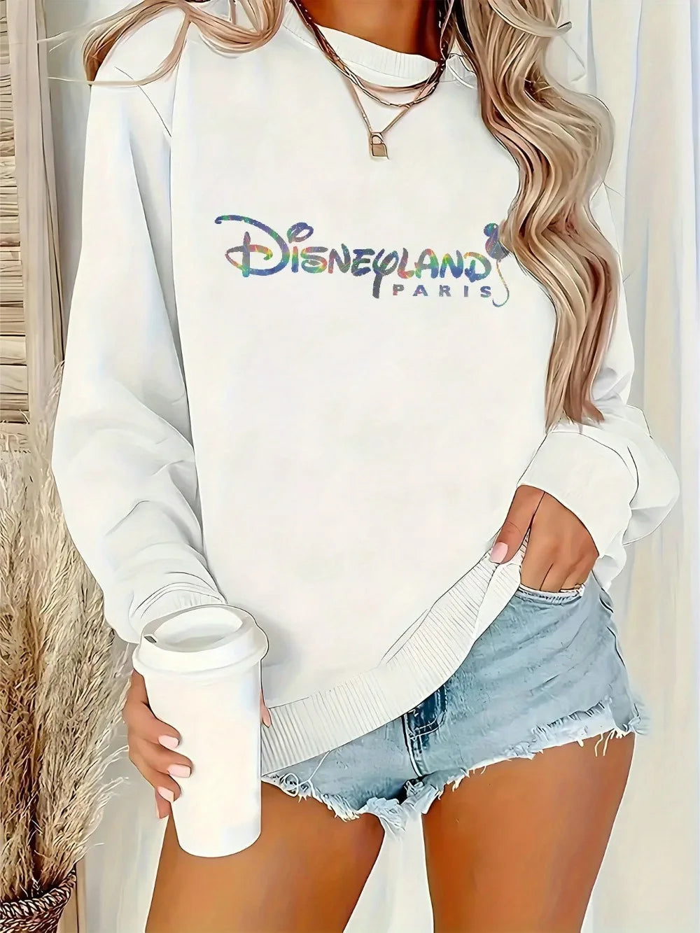 Disneyland Paris Grafik-Sweatshirt für Damen, gemütlicher Langarm-Pullover mit Cartoon-Design, Rundhalsausschnitt, lässiger Stil, Herbst/Winter
