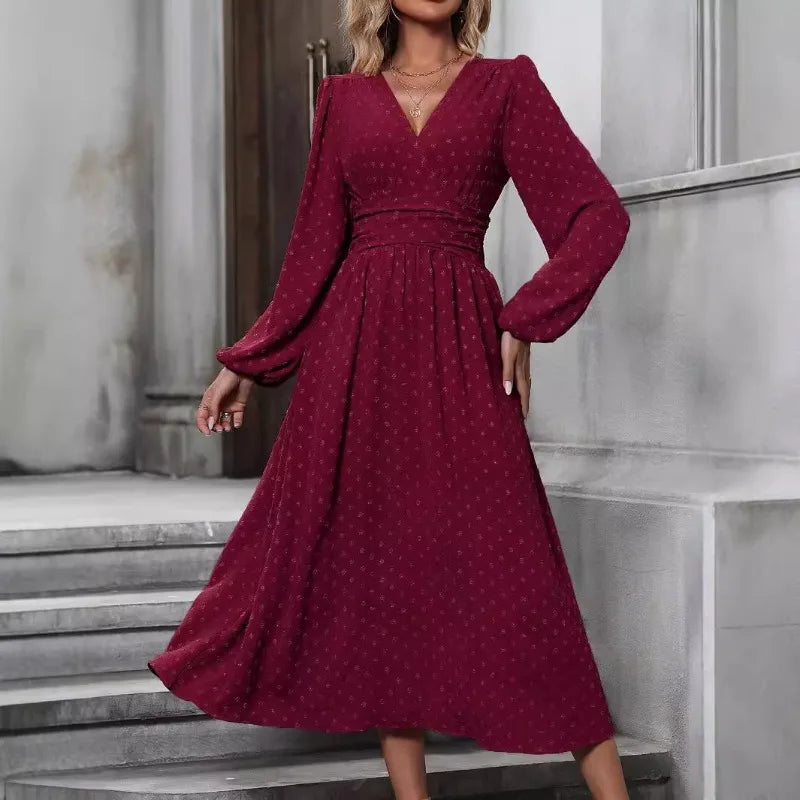 Elegant Long Sleeve Midi Dress – V-Neck, Flowy Fit – Autumn & Winter Classic