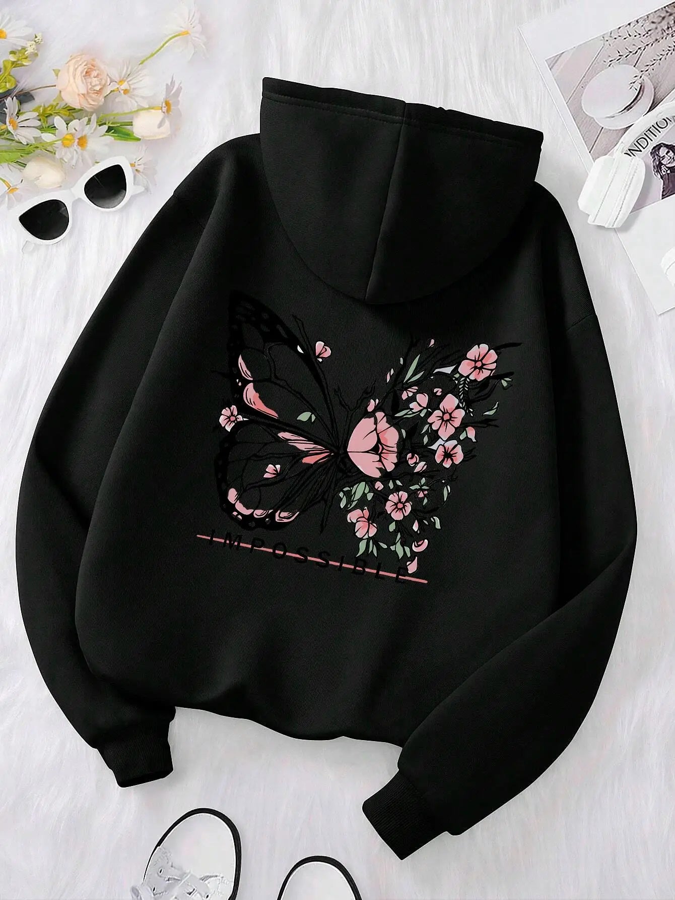 Rose Schmetterling Impossible Brief Grafik Druck Frauen Sweatshirt Mode Warme Mit Kapuze Lose Beiläufige Hoodies Fleece Weiche Kleidung
