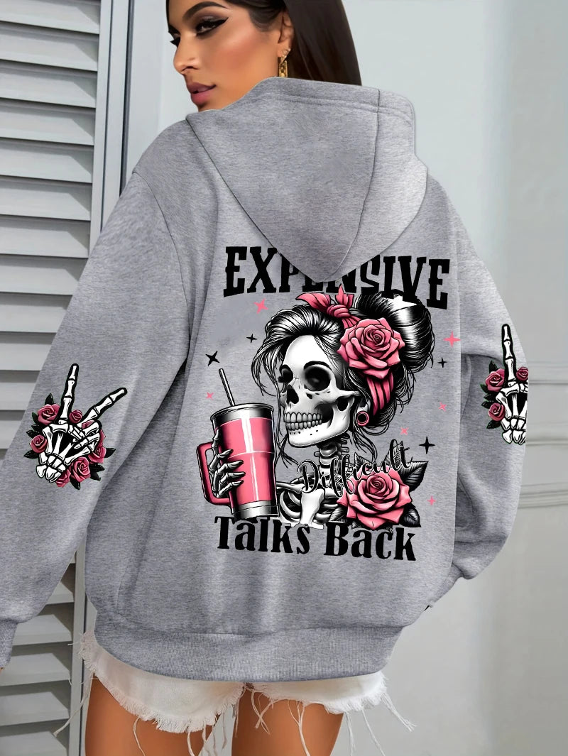 Teure Gespräche zurück Lustiger Druck Damen Hoodie Lose Mehrfarbige Pullover Fleece Herbst Sportbekleidung Lässiger Taschen-Hoodie