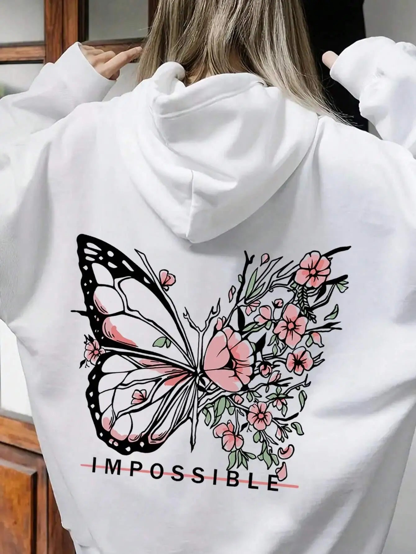Rose Schmetterling Impossible Brief Grafik Druck Frauen Sweatshirt Mode Warme Mit Kapuze Lose Beiläufige Hoodies Fleece Weiche Kleidung