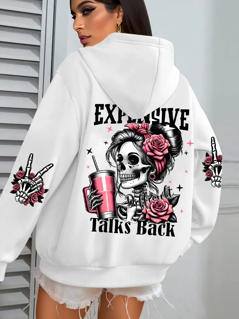 Teure Gespräche zurück Lustiger Druck Damen Hoodie Lose Mehrfarbige Pullover Fleece Herbst Sportbekleidung Lässiger Taschen-Hoodie