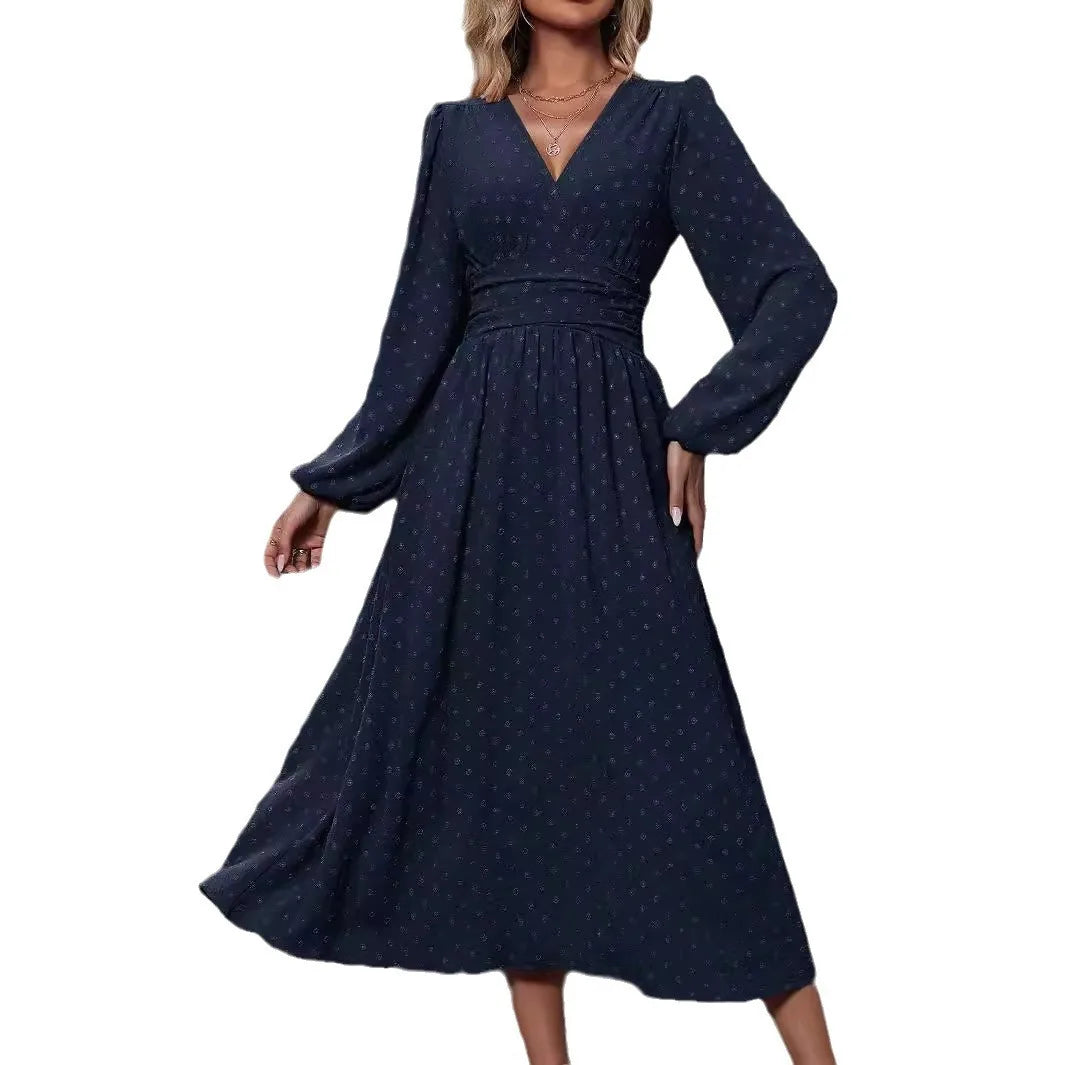 Elegant Long Sleeve Midi Dress – V-Neck, Flowy Fit – Autumn & Winter Classic