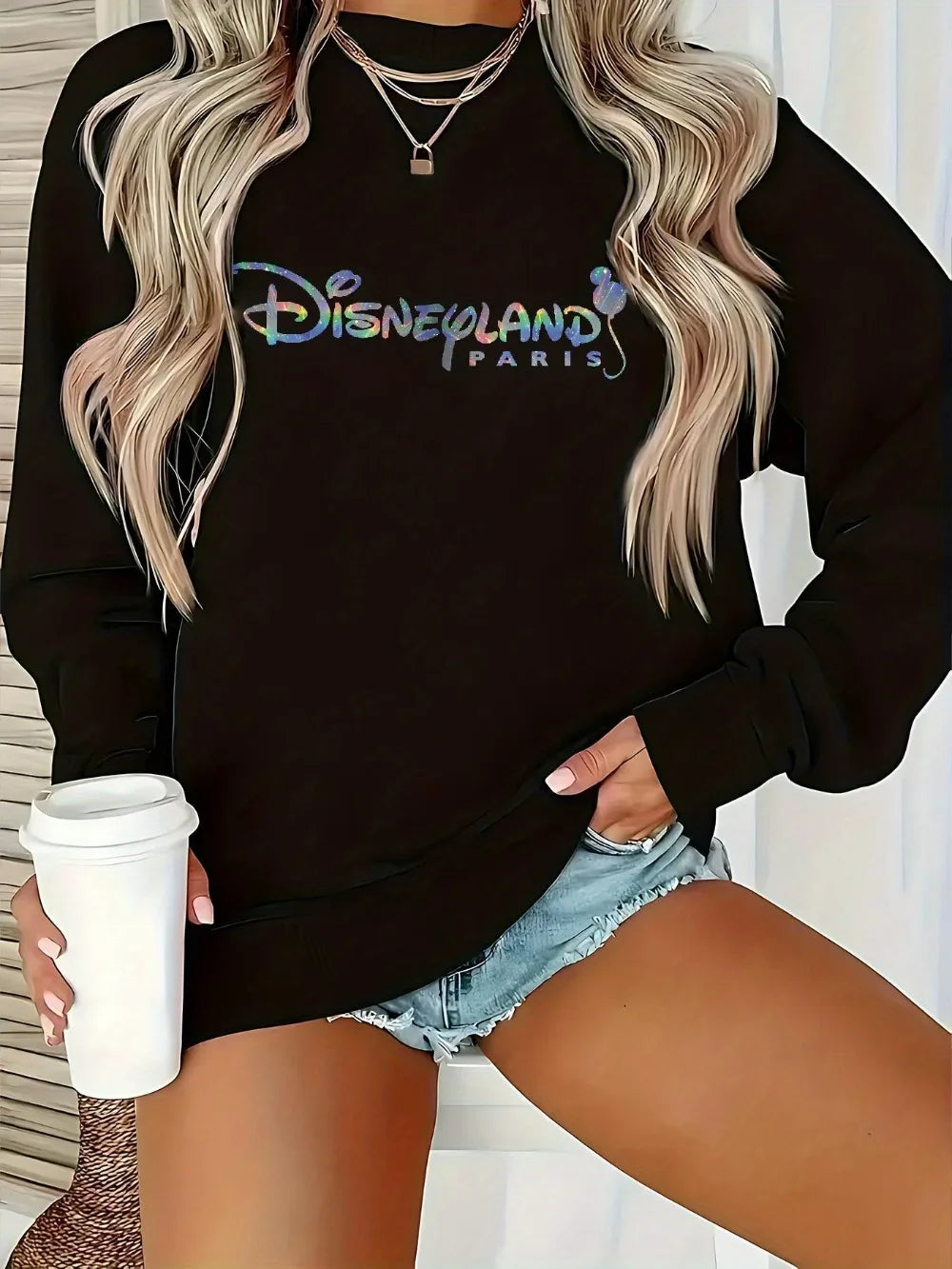 Disneyland Paris Grafik-Sweatshirt für Damen, gemütlicher Langarm-Pullover mit Cartoon-Design, Rundhalsausschnitt, lässiger Stil, Herbst/Winter