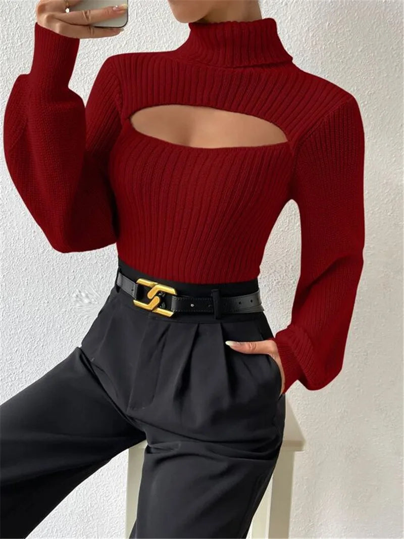 Women’s Sexy Cut-Out Knit Sweater – Elegant Winter Top
