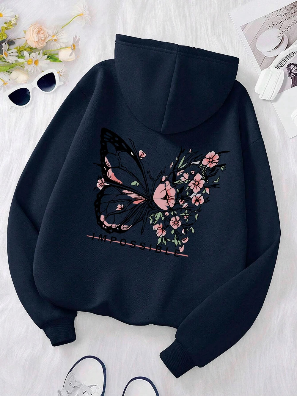 Rose Schmetterling Impossible Brief Grafik Druck Frauen Sweatshirt Mode Warme Mit Kapuze Lose Beiläufige Hoodies Fleece Weiche Kleidung