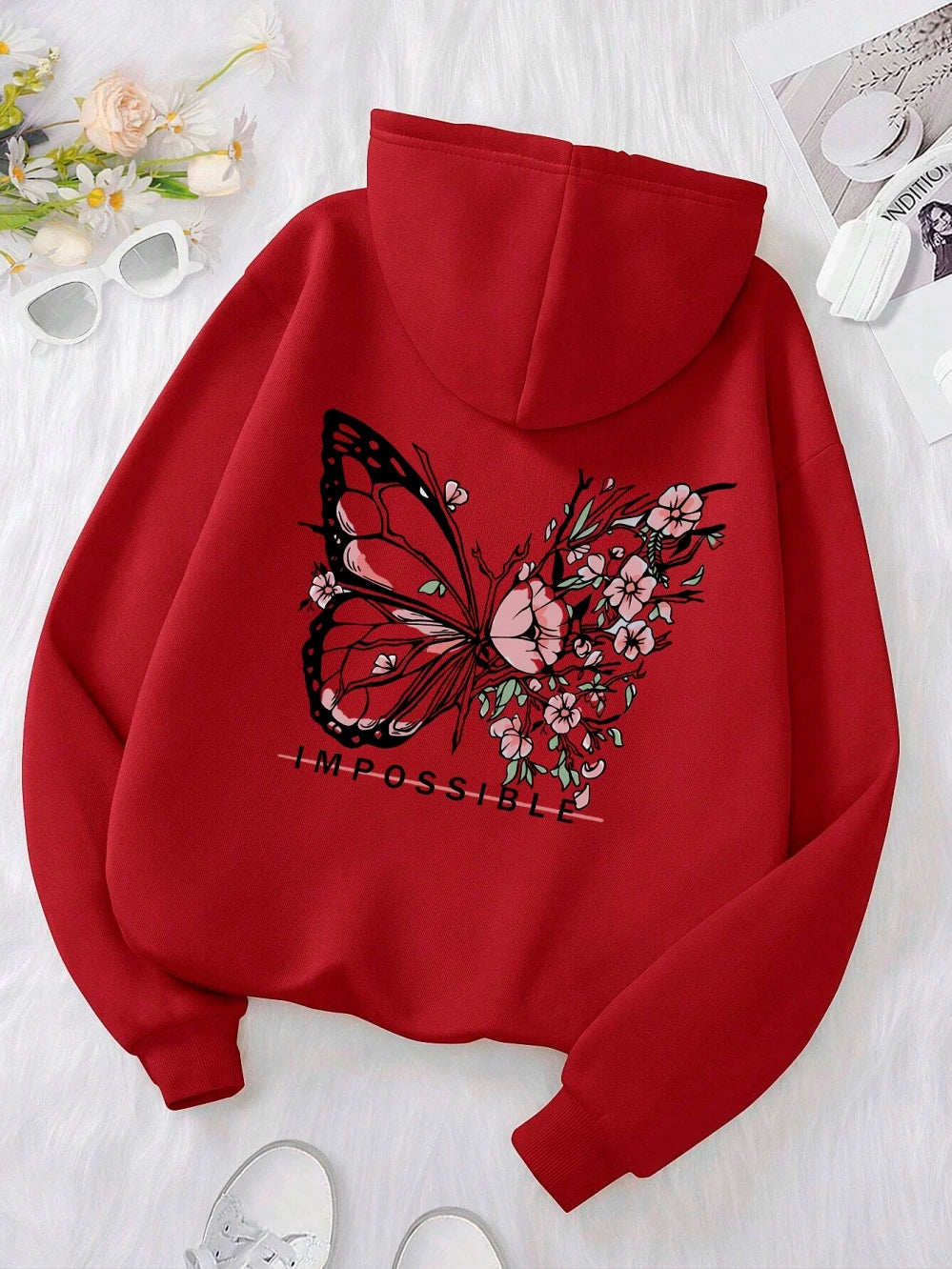 Rose Schmetterling Impossible Brief Grafik Druck Frauen Sweatshirt Mode Warme Mit Kapuze Lose Beiläufige Hoodies Fleece Weiche Kleidung