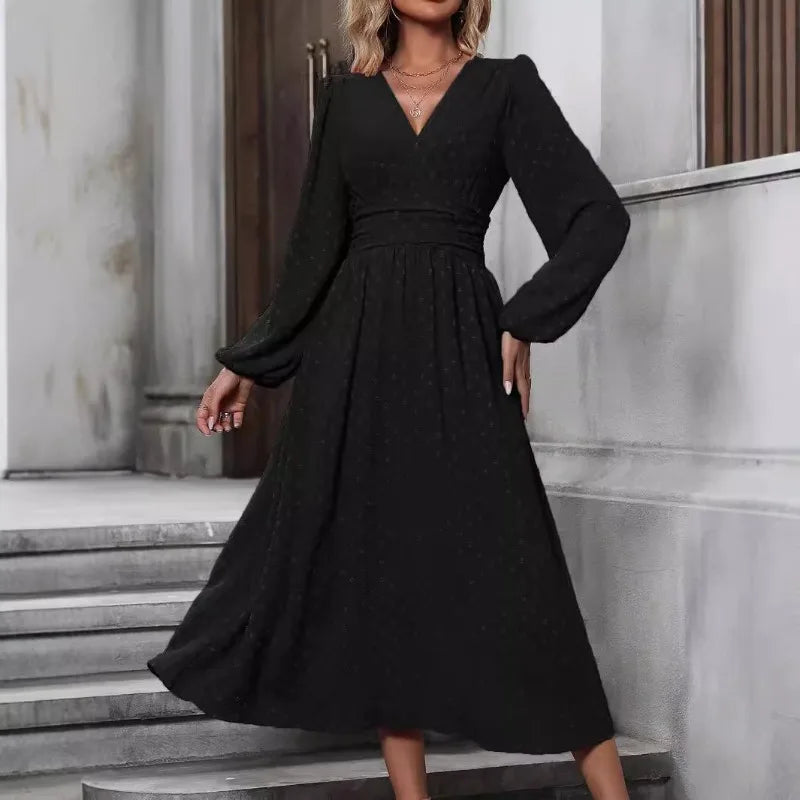 Elegant Long Sleeve Midi Dress – V-Neck, Flowy Fit – Autumn & Winter Classic