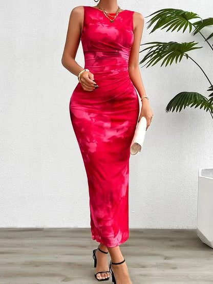 Damen 2024, Frühling und Sommer, neues modisches bedrucktes Rundhals-Stil, schlankmachendes, ärmelloses, enges Kleid mit geteiltem Boden