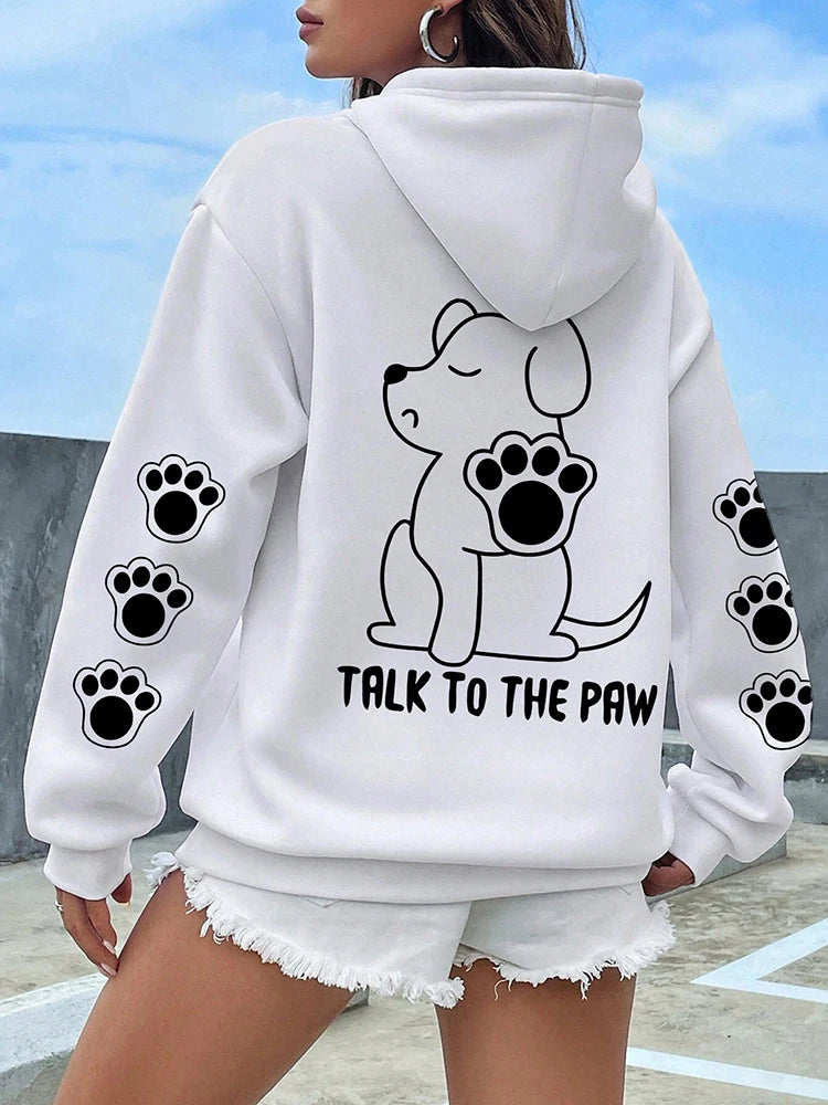 Sprechen Sie mit der Pfote, lustiger Hund, Cartoon-Druck, Kapuzenpullover, Damen, warm, Fleece, Kapuze, modisch, lässig, mit Kapuze, Herbst, lockerer Rundhalsausschnitt, Damenoberteile