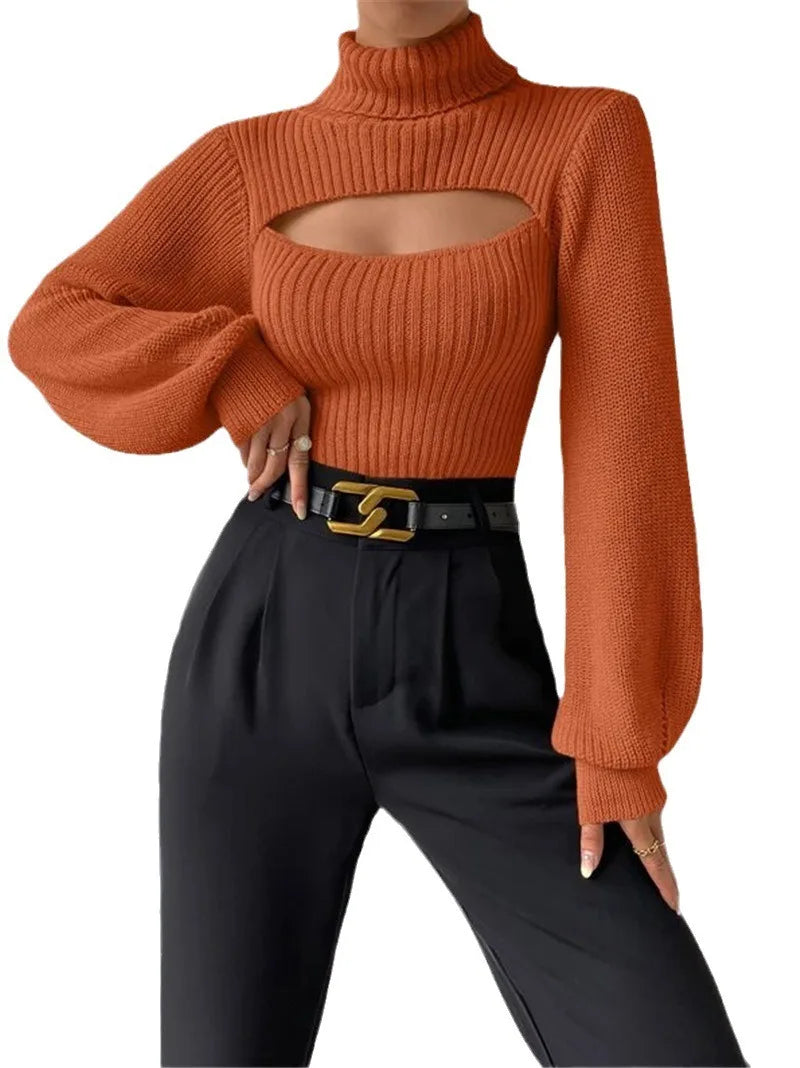 Women’s Sexy Cut-Out Knit Sweater – Elegant Winter Top