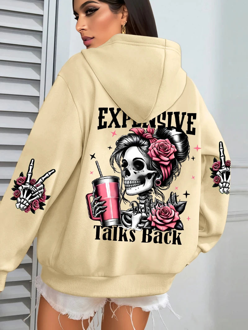 Teure Gespräche zurück Lustiger Druck Damen Hoodie Lose Mehrfarbige Pullover Fleece Herbst Sportbekleidung Lässiger Taschen-Hoodie