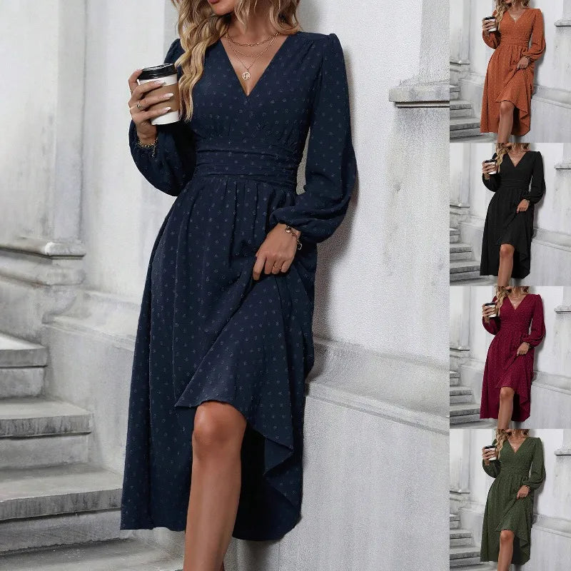 Elegant Long Sleeve Midi Dress – V-Neck, Flowy Fit – Autumn & Winter Classic