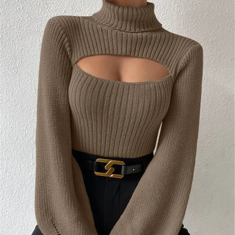 Women’s Sexy Cut-Out Knit Sweater – Elegant Winter Top