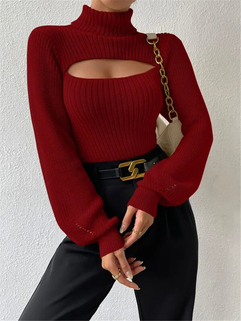 Women’s Sexy Cut-Out Knit Sweater – Elegant Winter Top