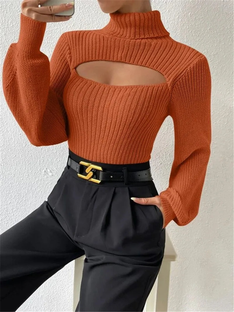 Women’s Sexy Cut-Out Knit Sweater – Elegant Winter Top