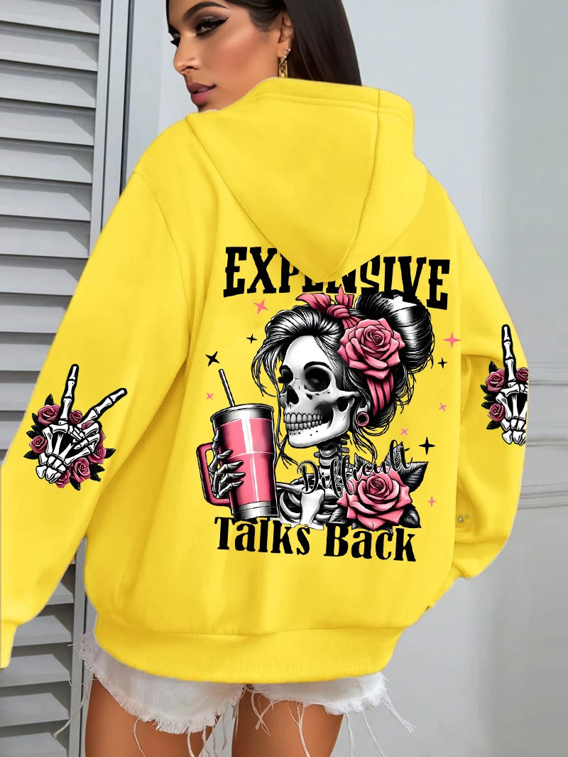 Teure Gespräche zurück Lustiger Druck Damen Hoodie Lose Mehrfarbige Pullover Fleece Herbst Sportbekleidung Lässiger Taschen-Hoodie