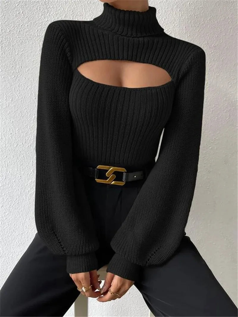 Women’s Sexy Cut-Out Knit Sweater – Elegant Winter Top