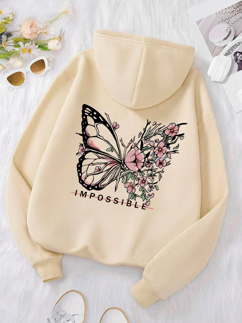 Rose Schmetterling Impossible Brief Grafik Druck Frauen Sweatshirt Mode Warme Mit Kapuze Lose Beiläufige Hoodies Fleece Weiche Kleidung