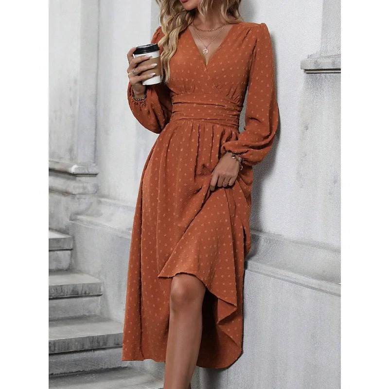 Elegant Long Sleeve Midi Dress – V-Neck, Flowy Fit – Autumn & Winter Classic