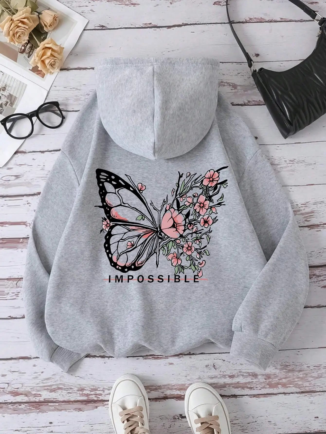 Rose Schmetterling Impossible Brief Grafik Druck Frauen Sweatshirt Mode Warme Mit Kapuze Lose Beiläufige Hoodies Fleece Weiche Kleidung