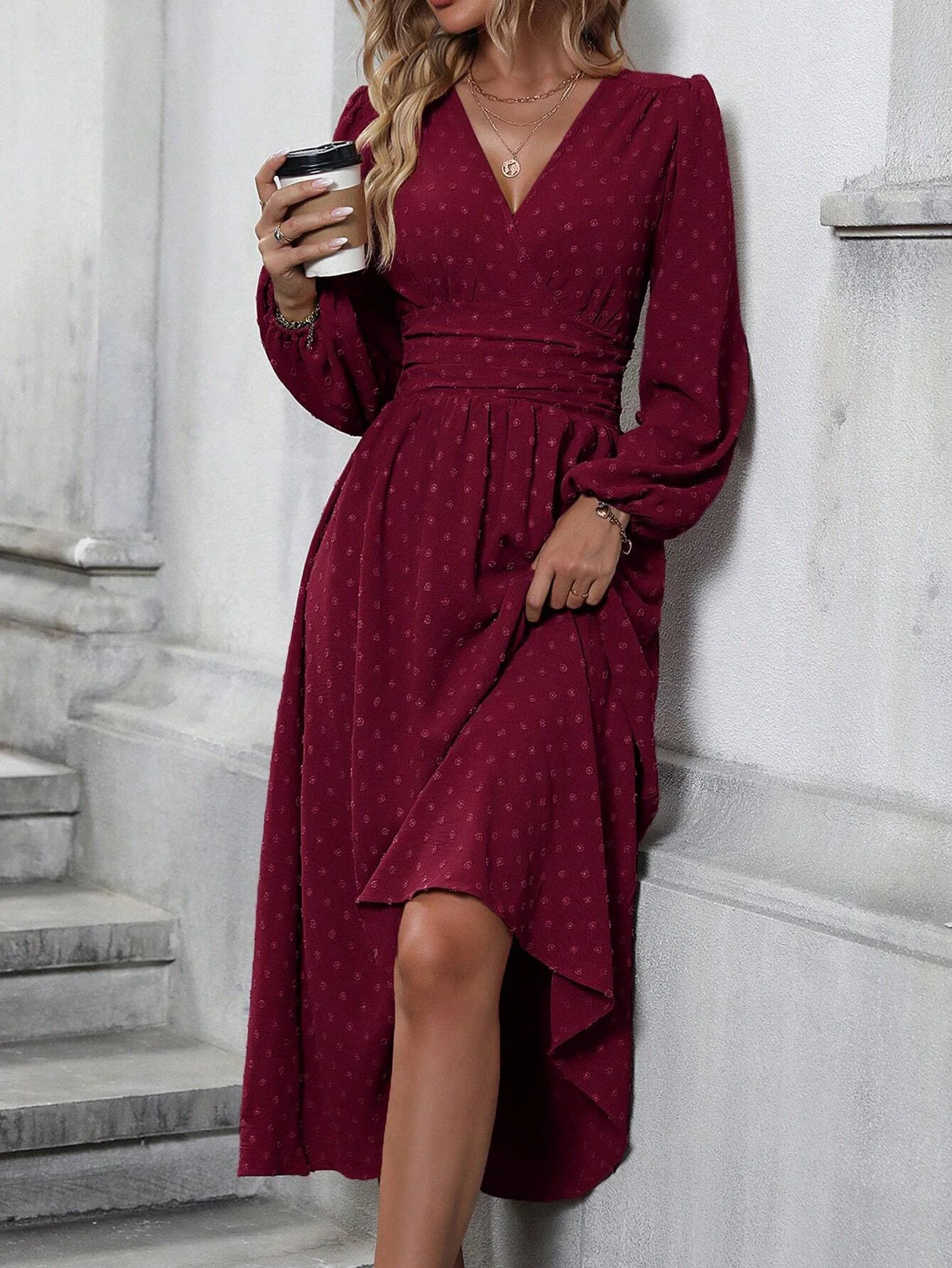 Elegant Long Sleeve Midi Dress – V-Neck, Flowy Fit – Autumn & Winter Classic